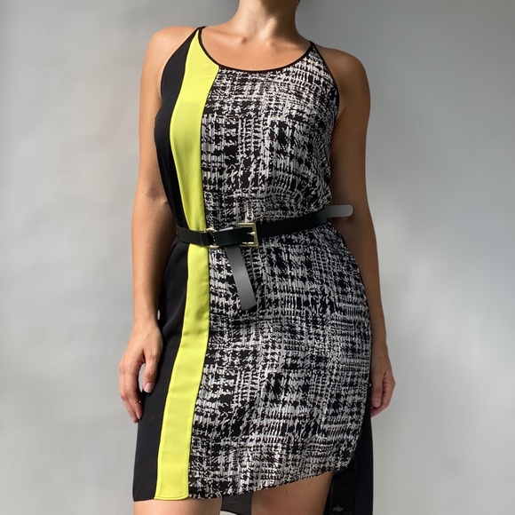 BCBG Houndstooth and Striped Sheer Sleeveless High-Low Asymmetrical Shift Dress - Picture 1 of 8